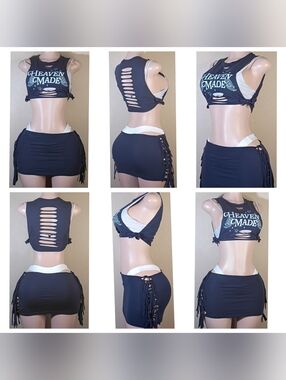 Blue 'Heaven Made' Custom Cut-Out Two-Piece Skirt  Set